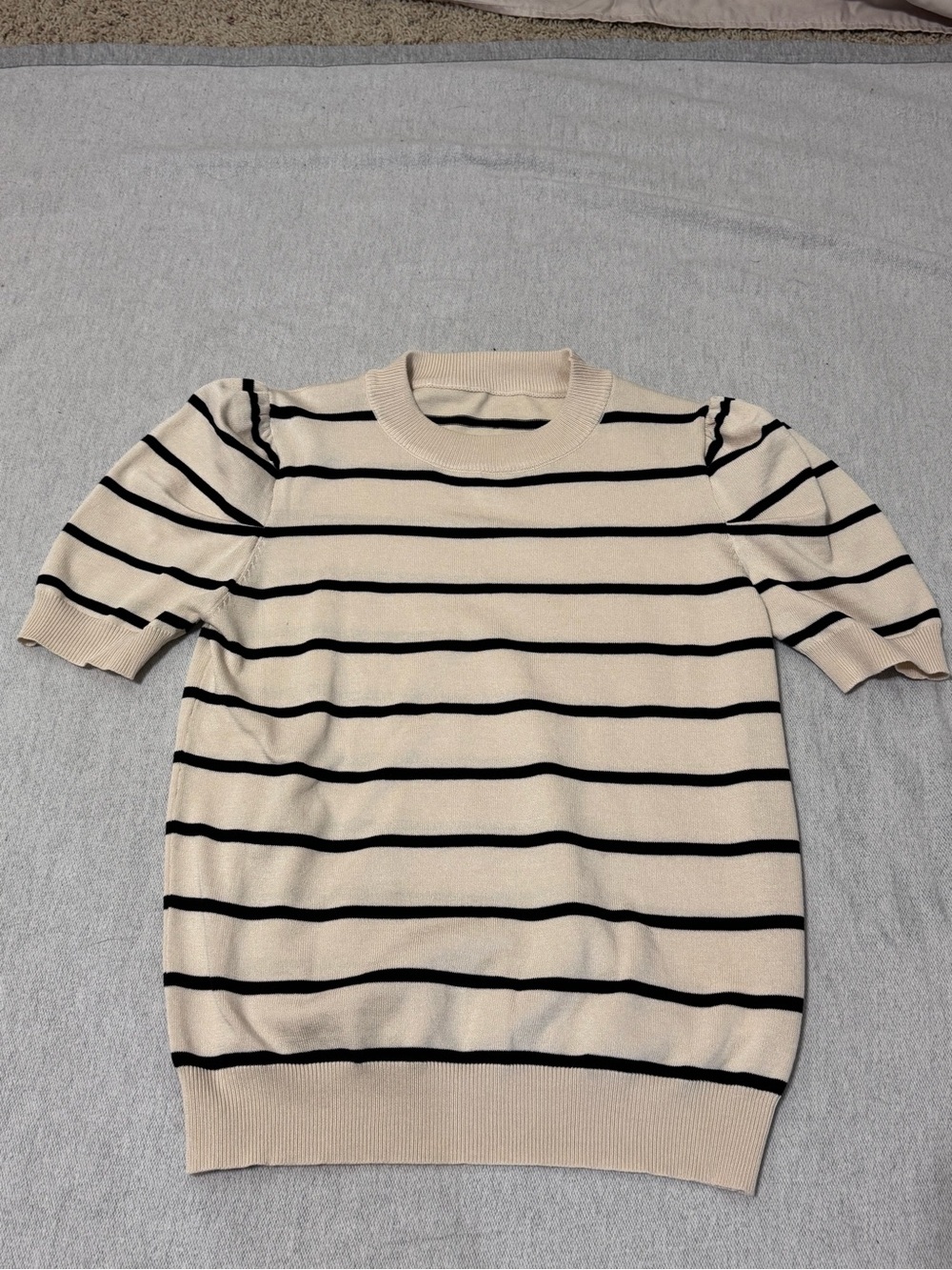 Cream and Black Striped Short-Sleeve Sweater